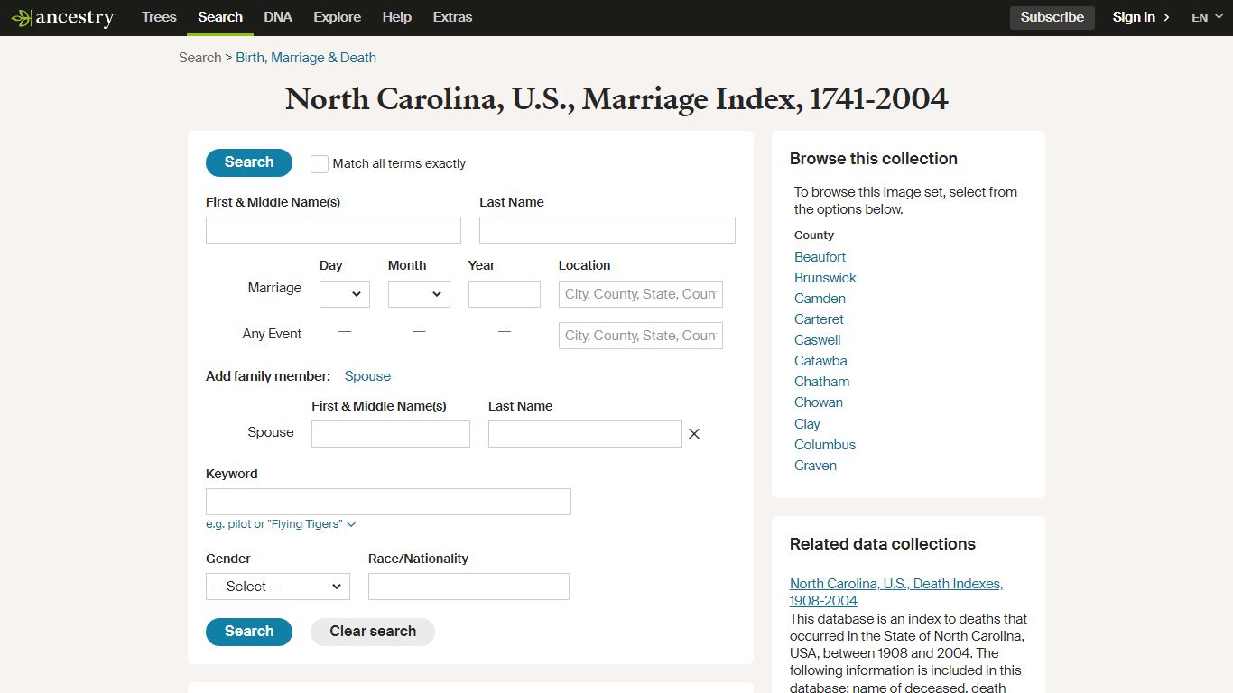 North Carolina, U.S., Marriage Index, 1741-2004